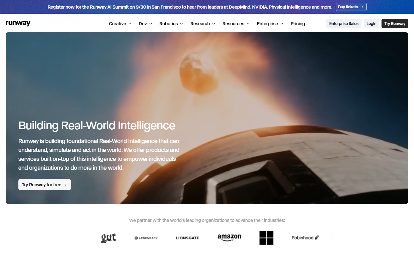Runway official homepage showing its generative media and creative technology platform