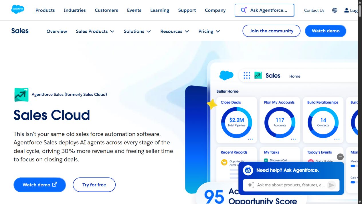 Salesforce Sales Cloud official homepage showing its enterprise sales platform
