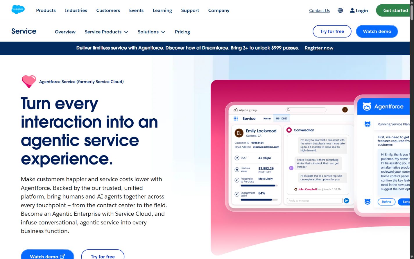Salesforce Service Cloud official homepage showing its service CRM platform