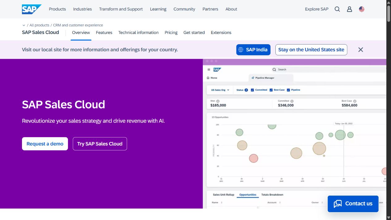 SAP Sales Cloud official homepage showing its sales pipeline and enterprise CRM interface