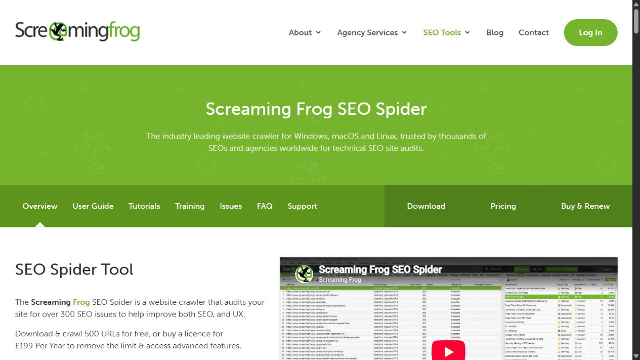 Screaming Frog SEO Spider official homepage showing technical website crawling