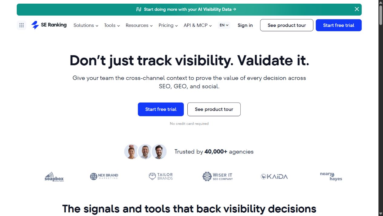 SE Ranking official homepage showing rank tracking and agency SEO workflows