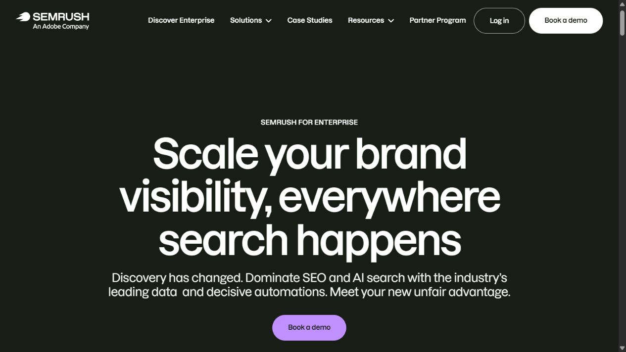 Semrush Enterprise official homepage showing global search visibility positioning