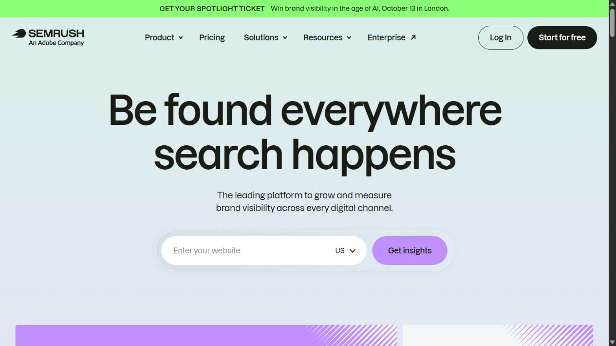 Semrush official homepage showing its search visibility platform