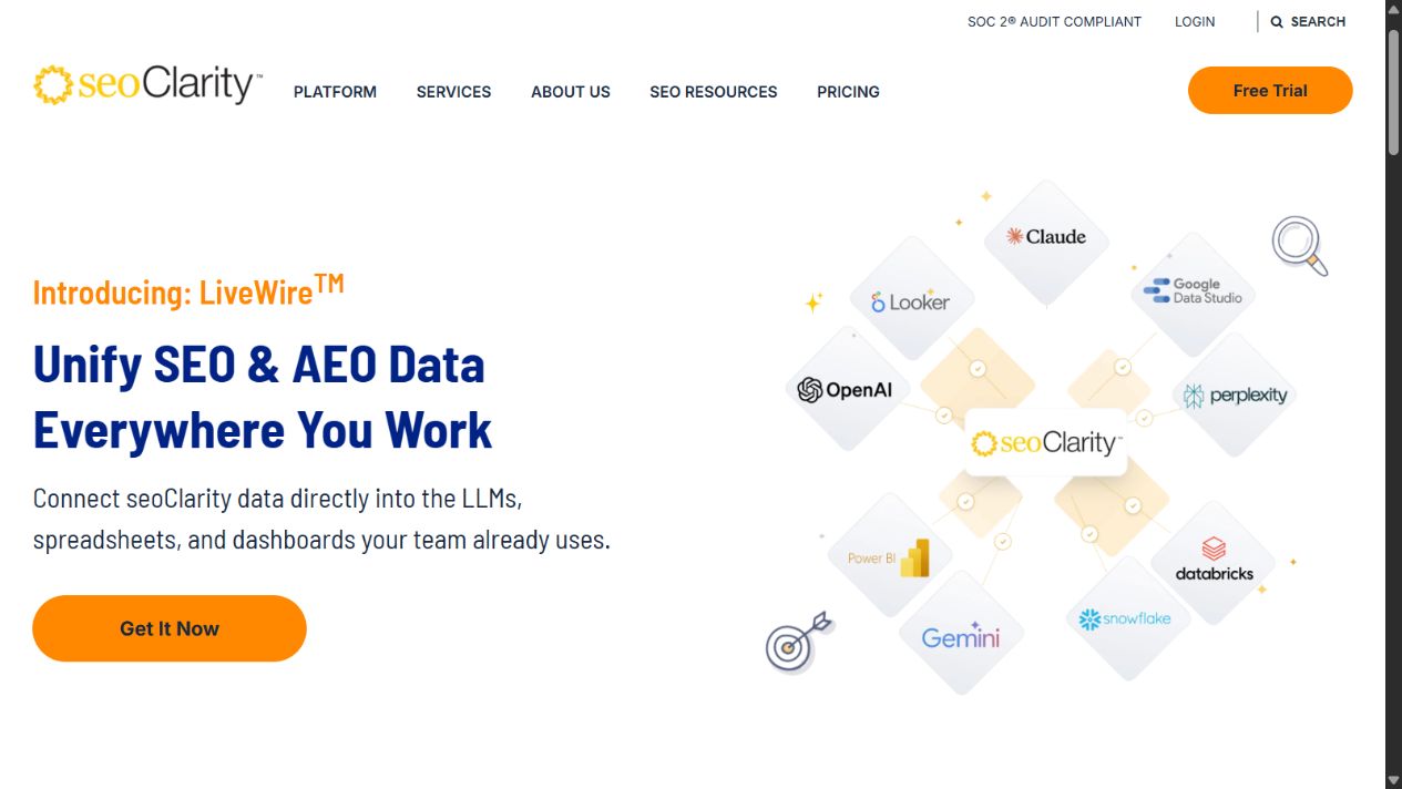 seoClarity official homepage showing its enterprise SEO and AEO platform