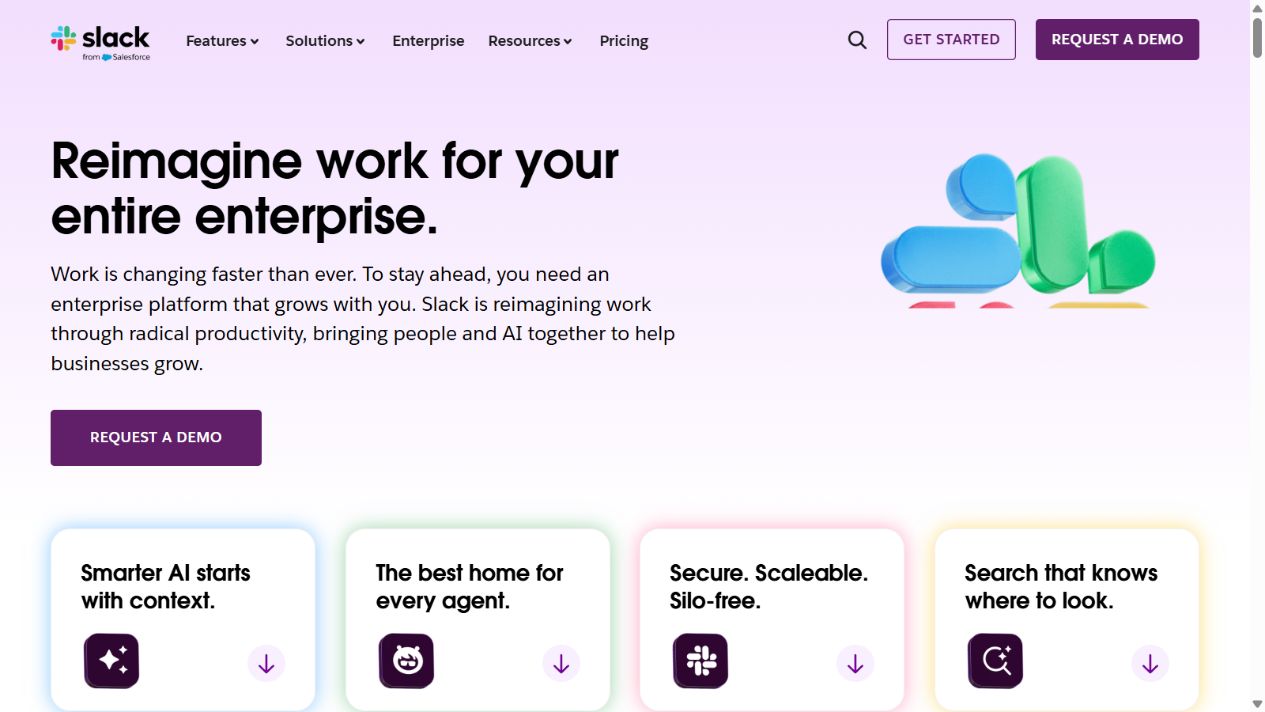 Slack official enterprise homepage showing its conversational work platform