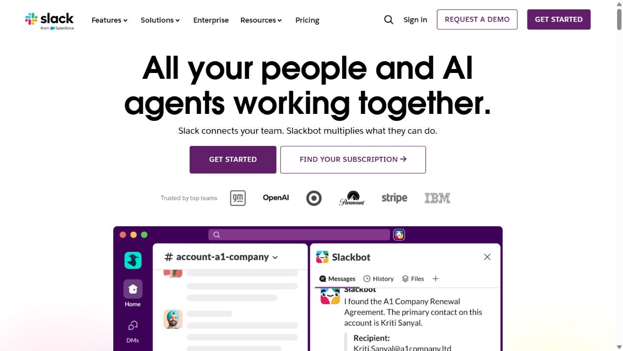 Slack official homepage showing its team and AI collaboration workspace