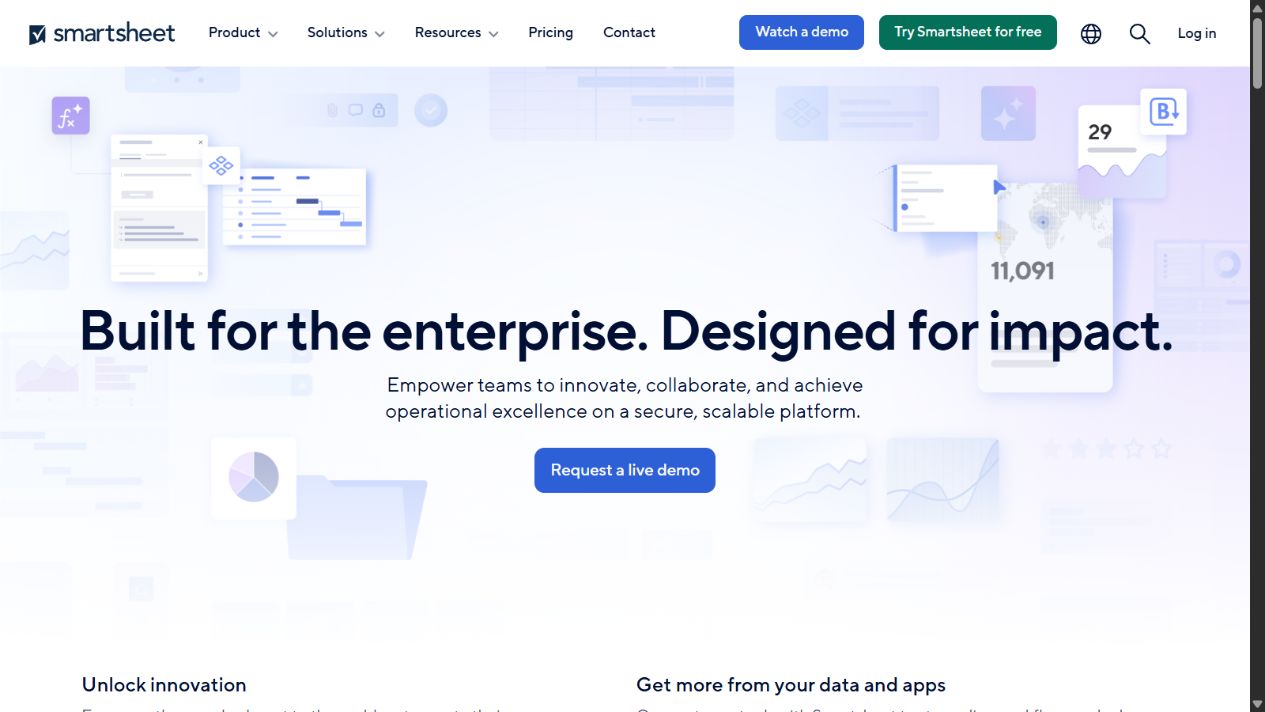 Smartsheet official enterprise homepage showing its secure scalable work-management platform