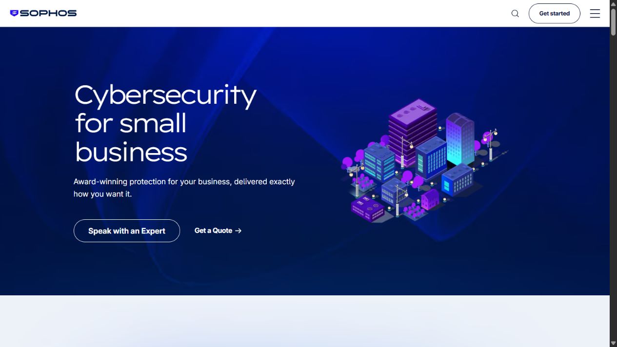 Sophos official small-business page showing its cybersecurity and managed-service positioning