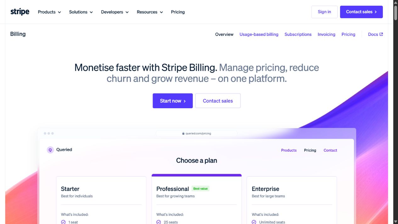 Stripe Billing official page showing subscription and pricing-model workflows