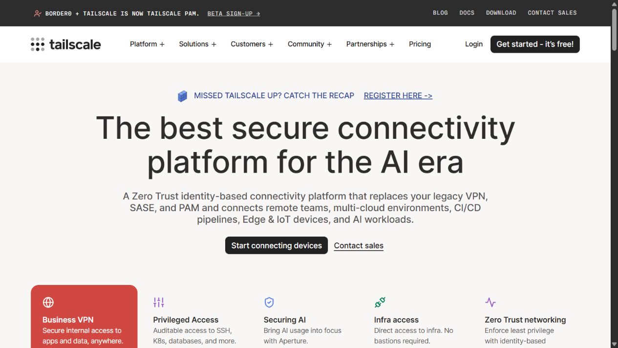 Tailscale official homepage showing its identity-based secure connectivity platform