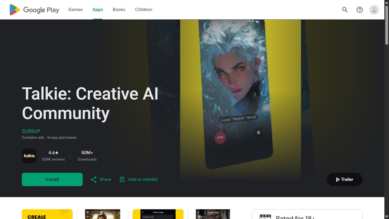 Talkie Creative AI Community official listing on Google Play