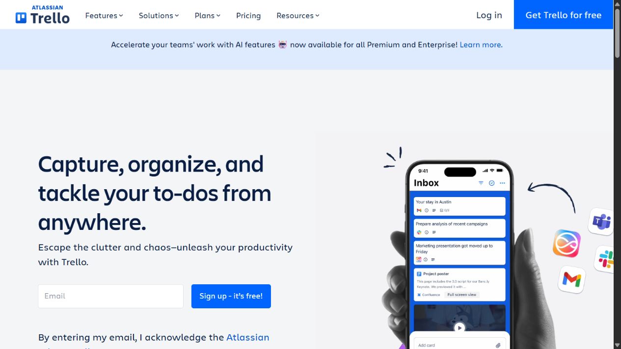Trello official homepage showing board and card project organization