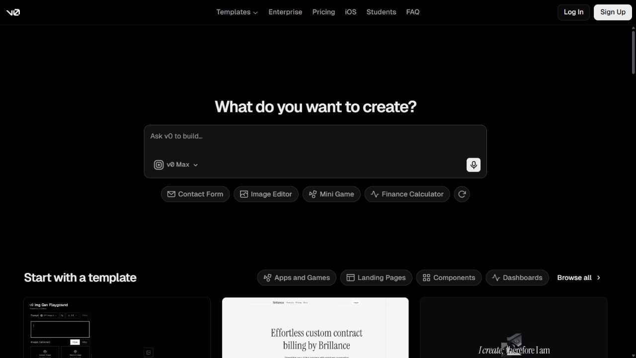v0 official homepage showing its application-generation prompt and templates