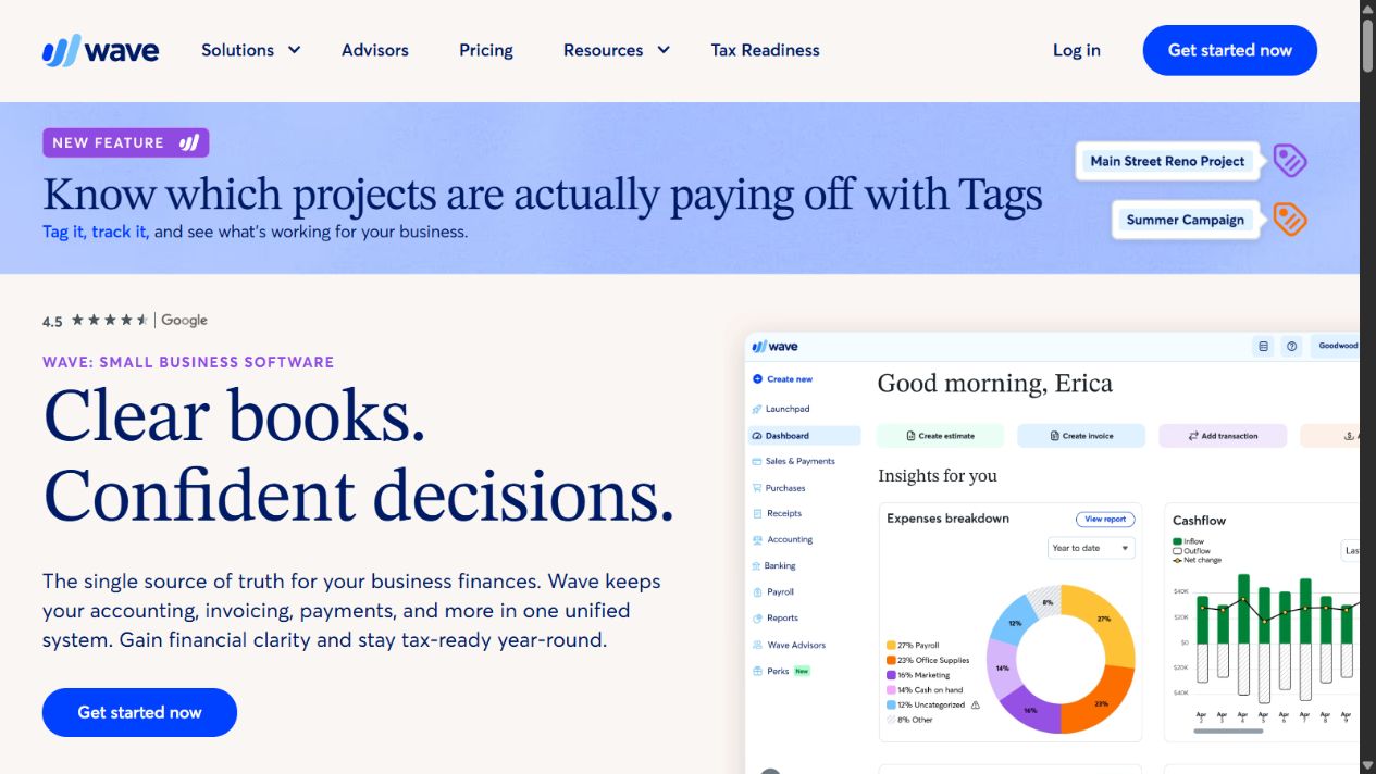 Wave official homepage showing its small-business accounting dashboard