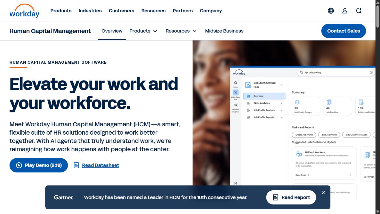 Workday official HCM homepage showing its enterprise human capital management suite