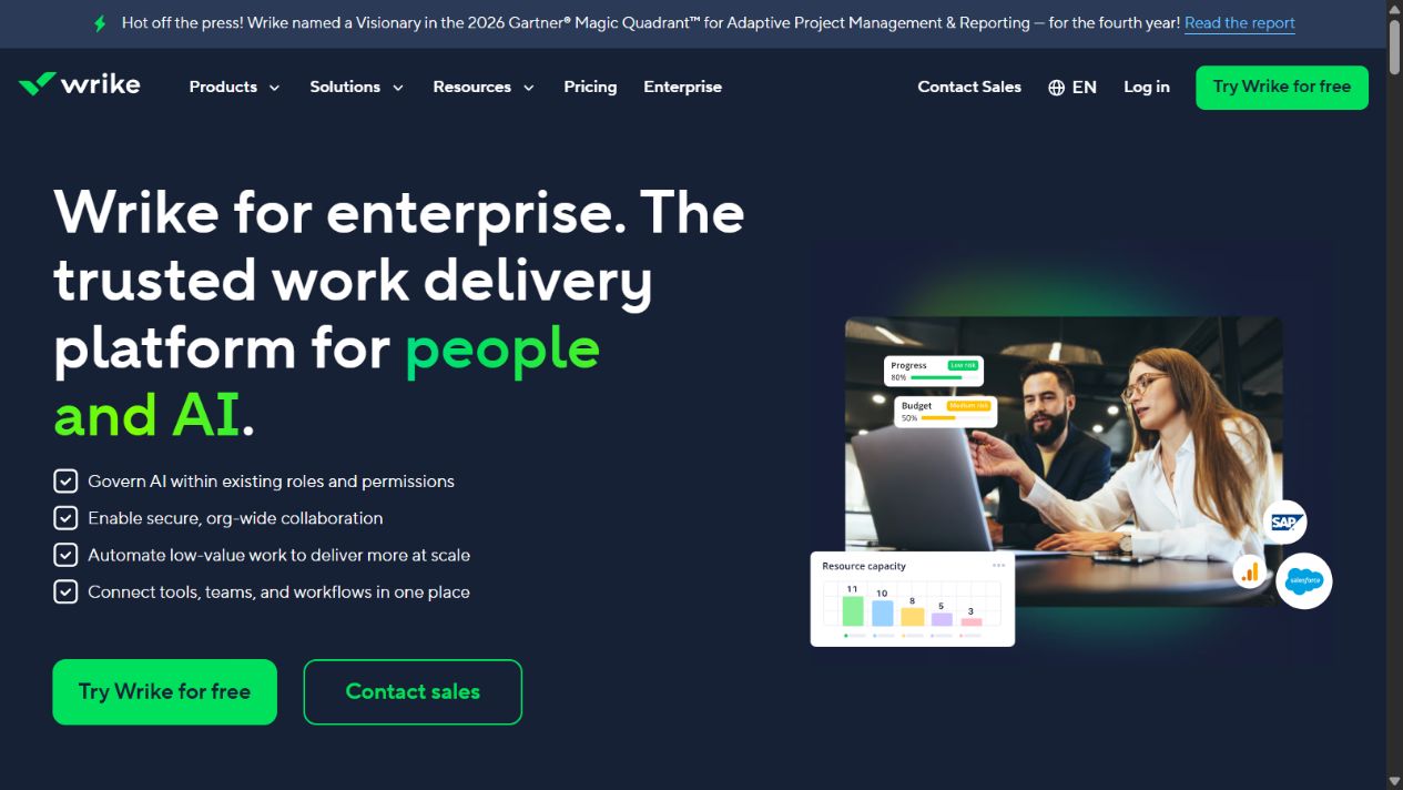 Wrike official homepage showing enterprise work management