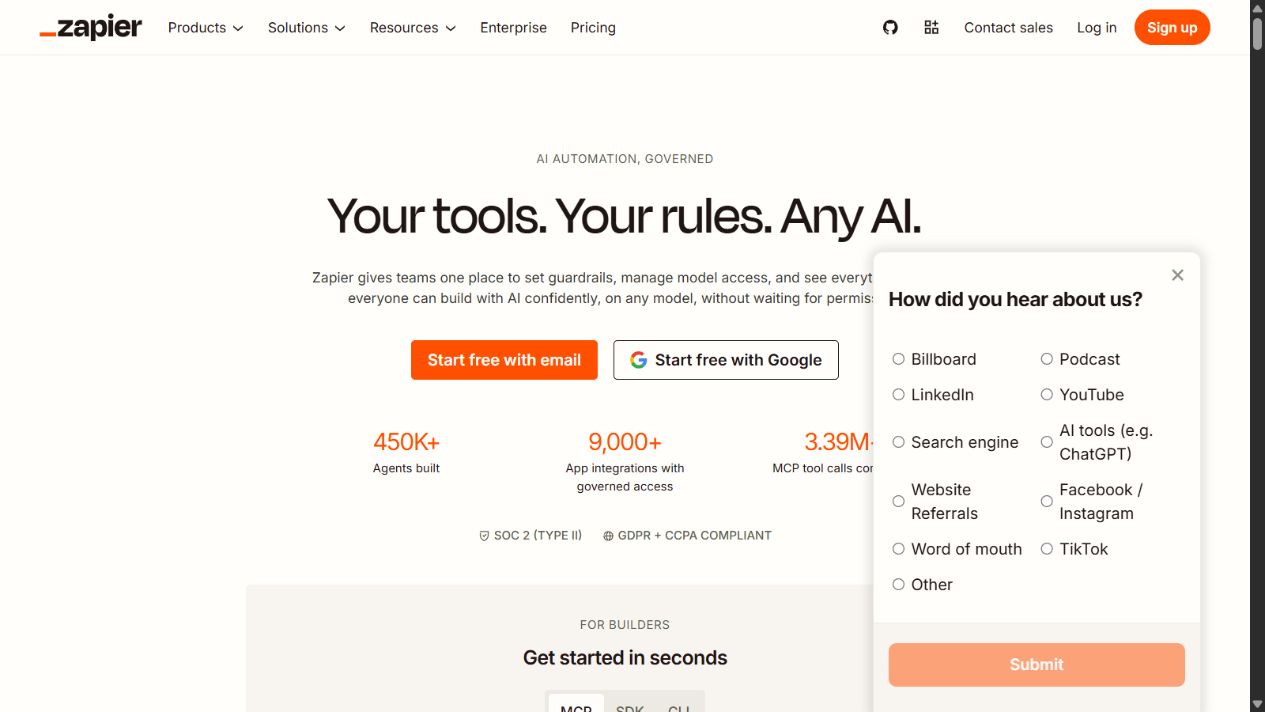Zapier official homepage showing its automation platform