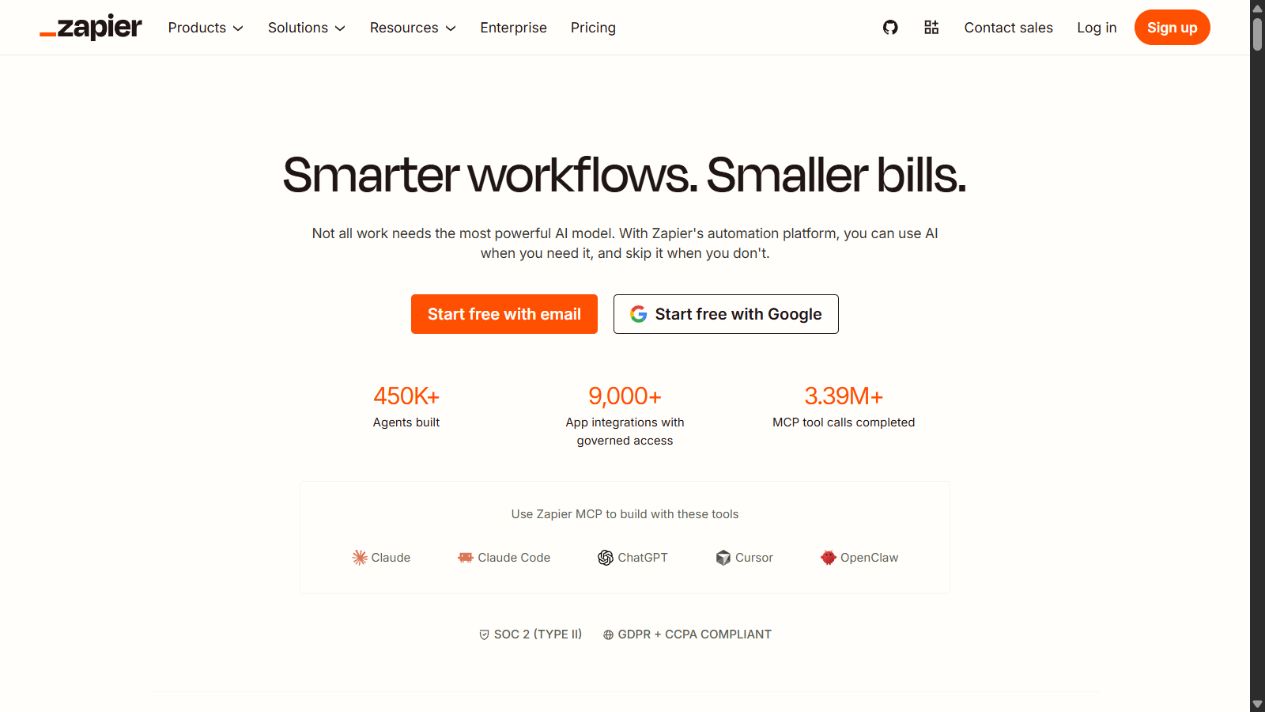 Zapier official homepage showing its workflow automation platform