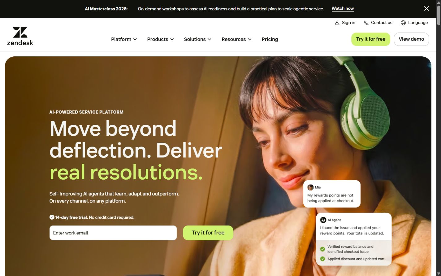 Zendesk official homepage showing its customer service platform