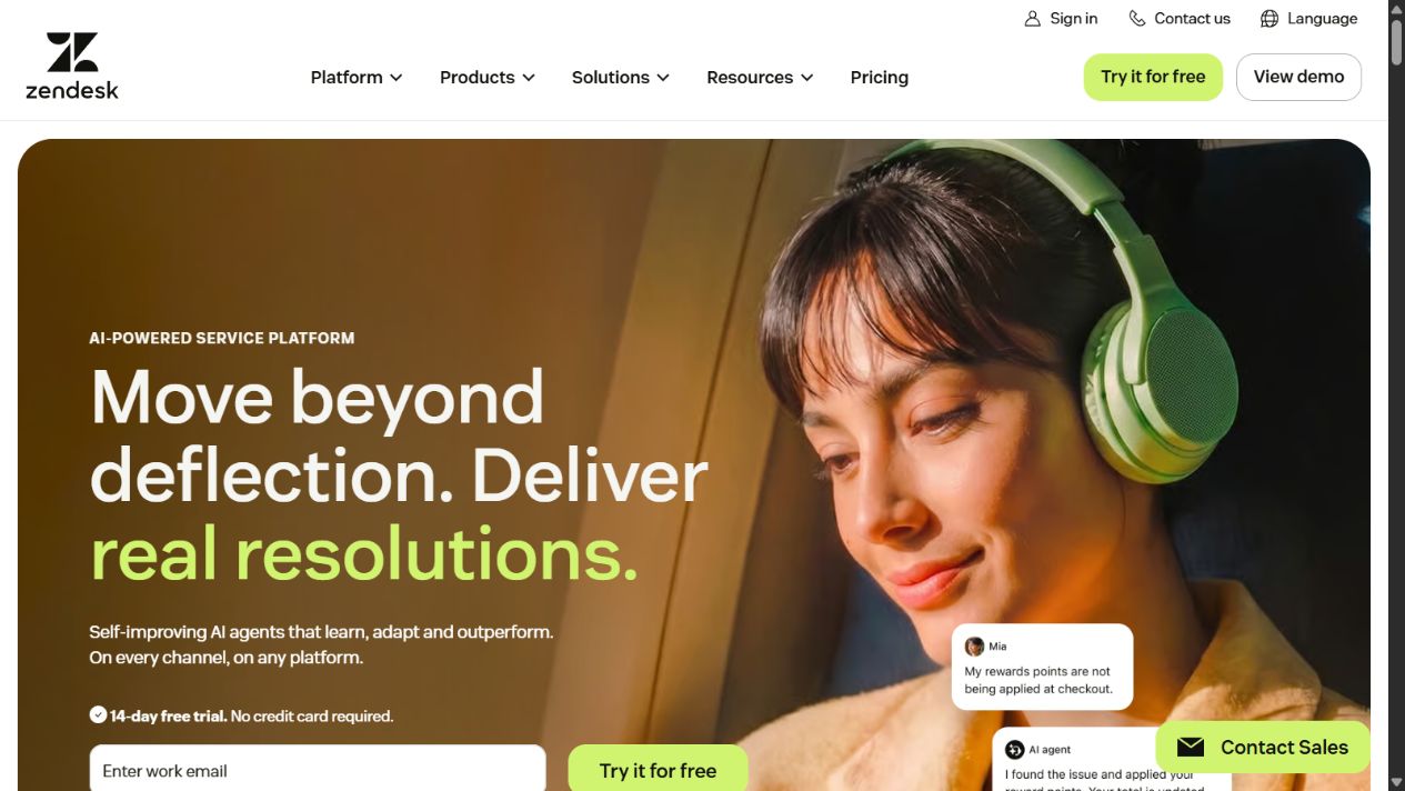 Zendesk homepage presenting its AI-powered customer service platform