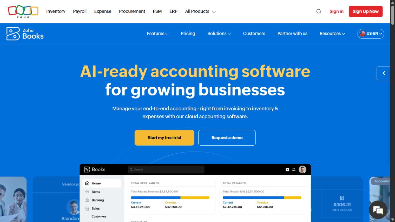 Zoho Books official homepage showing its cloud accounting dashboard