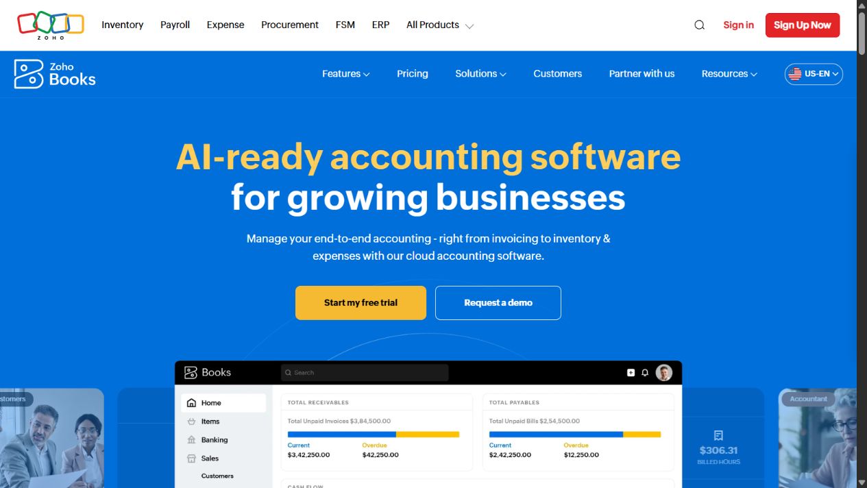 Zoho Books official homepage showing cloud accounting, projects, and automation