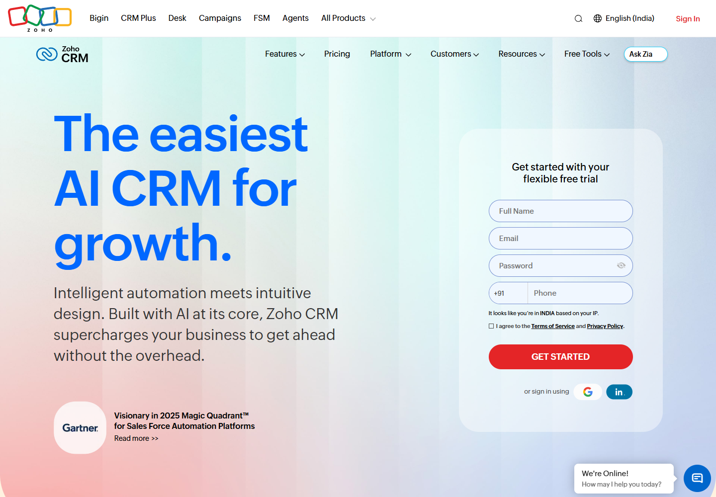Zoho CRM official homepage showing its customer relationship platform