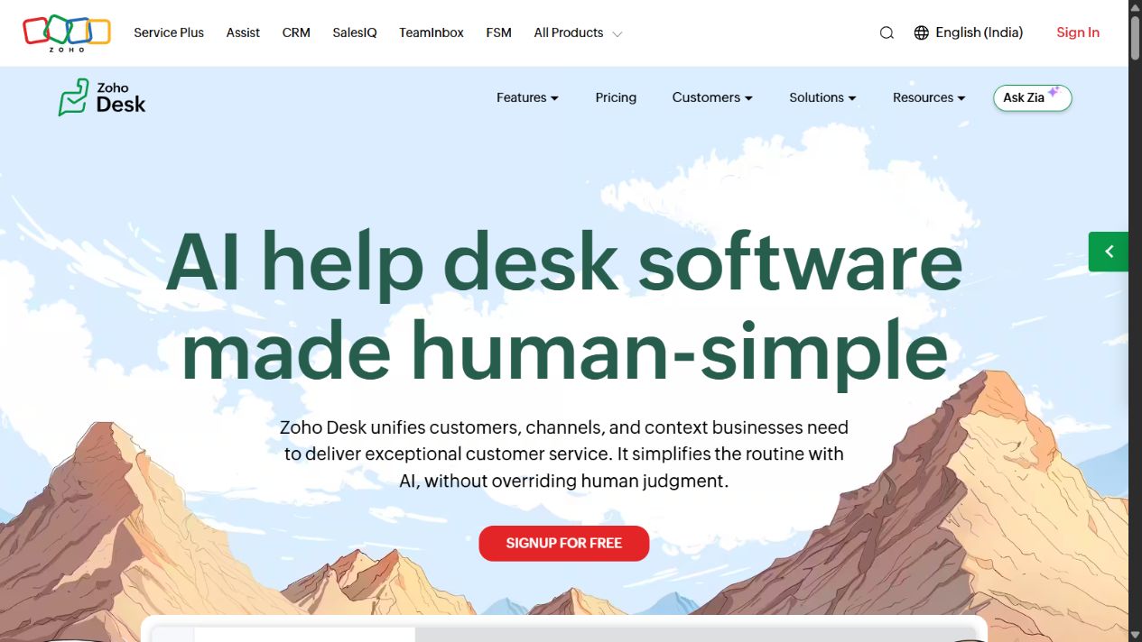 Zoho Desk homepage presenting its AI help desk software